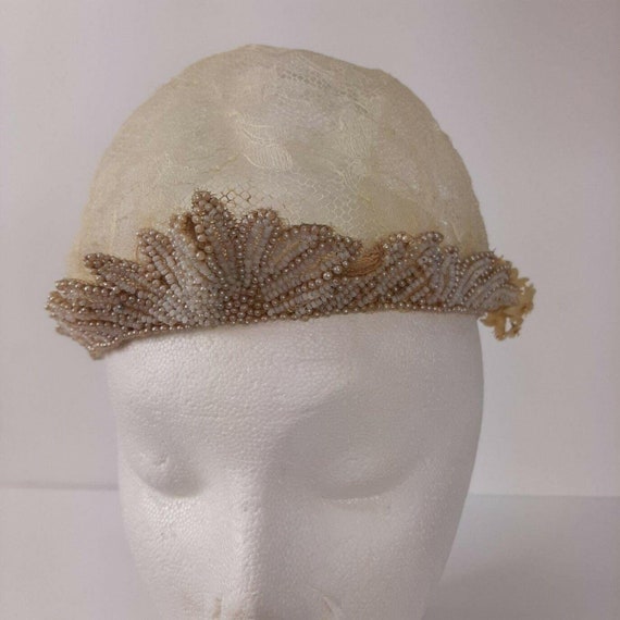 Vintage Bridal Cap Beaded Headpiece Wax Flowers 2… - image 2