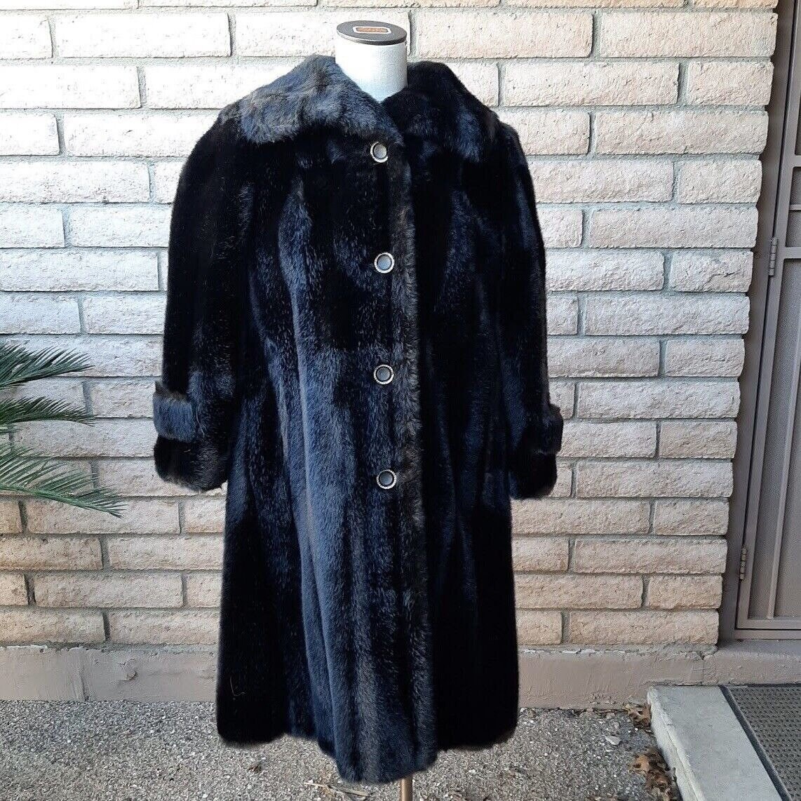 Mincara Russel Taylor Faux Fur Coat Womens Vintage 1980s 41 Dark