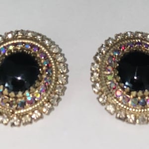 Vintage Hobe Onyx, Clear and Red Rhinestone Clip-Back Earrings