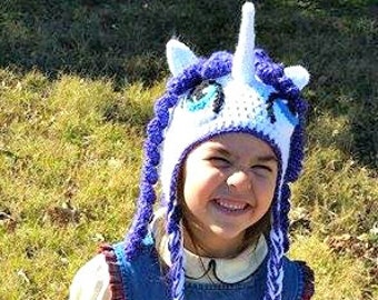 Purple and white unicorn Hat, horse hat, unicorn hat, curly hair unicorn, earflap unicorn hat, earflap hat, unique hat, Rarity, MLP inspired