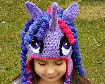 Purple and pink unicorn Hat, horse hat, unicorn hat, curly hair unicorn, earflap unicorn hat, earflap hat, unique hat, sparkle unicorn hat