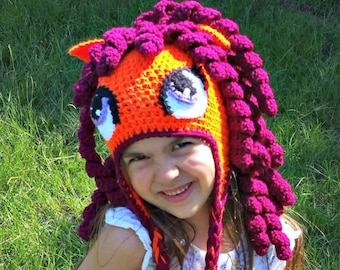 Orange and purple pony Hat, horse hat, Scootaloo hat, curly hair unicorn, braid flap hat, earflap hat, unique hat, photo prop, baby hat