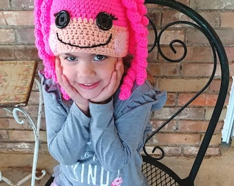 Pigtail hat, lalaloopsy inspired hat, character hat, beanie, crochet hat, custom made hat, doll face hat, costume hat