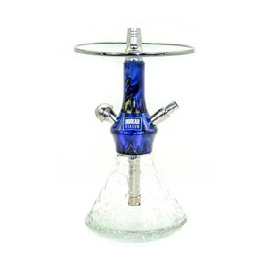 May include: A hookah with a clear glass base and a blue and black patterned stem. The hookah has silver metal accents, including a circular tray and hose attachments. The text "HOOKAH STATION" is printed on the stem.
