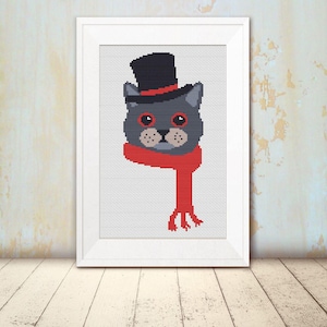 Cross Stitch Pattern - Retro - Hipster Top Hat Cat - Instant Download