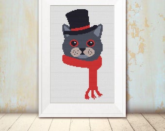 Cross Stitch Pattern - Retro - Hipster Top Hat Cat - Instant Download