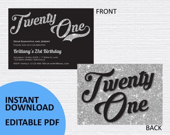 21st Silver Sparkle Birthday Invitations INSTANT DOWNLOAD, edit your own text
