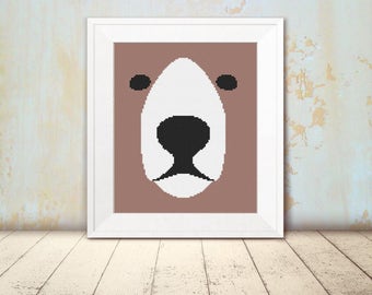 Cross Stitch Pattern - Cute Brown Bear - Colored Canvas - Instant Download