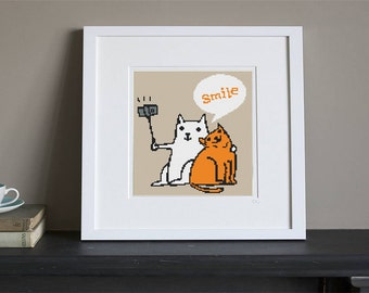 Cross Stitch Pattern - Funny Cats Selfie - Instant Download