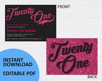 21st Pink Sparkle Birthday Invitations INSTANT DOWNLOAD, edit your own text