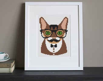 Cross Stitch Pattern - Retro - Moushtache Cat - Instant Download