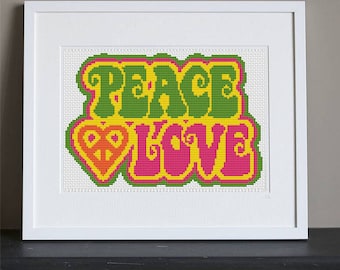 Cross Stitch Pattern - Peace and Love - Retro - Instant Download