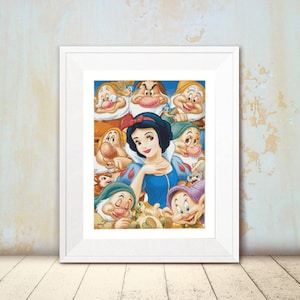May include: Snow White surrounded by seven dwarfs, all smiling. The dwarfs are wearing colourful clothing and hats. Snow White is wearing a blue and white dress with a red bow in her hair.