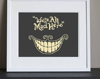 Cross Stitch Pattern - Cheshire Cat "We're All Mad Here" - Alice in Wonderland  - Instant Download