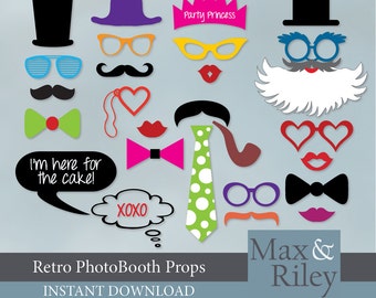 Retro Party Photobooth Props INSTANT DOWNLOAD, 50 items Mega Pack, printable, DIY, print as many as you like