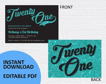 21st Teal Sparkle Birthday Invitations INSTANT DOWNLOAD, edit your own text