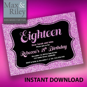 18th Pink Sparkle Birthday Invitations INSTANT DOWNLOAD, edit your own text