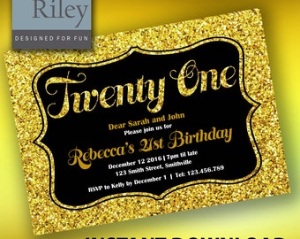 21st Gold Sparkle Birthday Invitations INSTANT DOWNLOAD, edit your own text