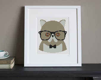 Patrón Punto de Cruz - Retro - Gato Gris Hipster - Descarga Instantánea