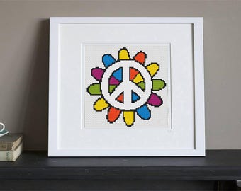 Cross Stitch Pattern - Hippy Peace Flower - Retro - Instant Download