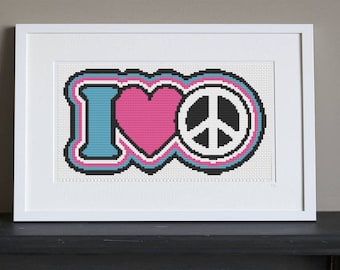 Cross Stitch Pattern - I Love Peace - Retro - Instant Download