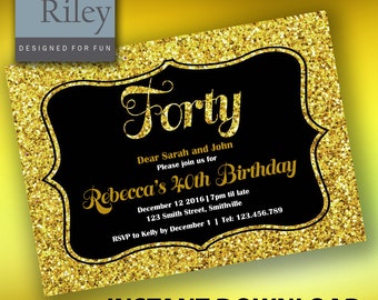 40th Gold Sparkle Birthday Invitations INSTANT DOWNLOAD, edit your own text