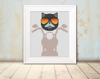 Cross Stitch Pattern - Bikie Cat - Instant Download