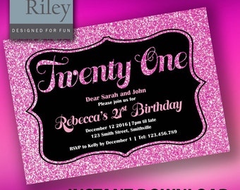 21st Pink Sparkle Birthday Invitations INSTANT DOWNLOAD, edit your own text