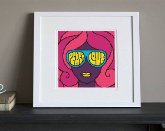 Cross Stitch Pattern - Peace Love Girl - Retro - Instant Download