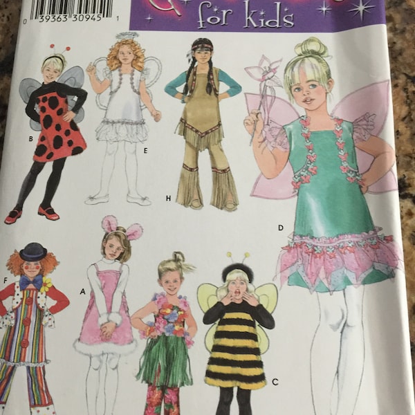 NEW UNCUT 3 4 5 6 7 8 Simplicity 3654 Costume kids sewing pattern ladybug angel indian fairy clown rabbit hula dancer, bumble bee child