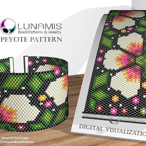 May include: A digital visualization of a beaded bracelet pattern featuring white flowers with pink and orange centers, green leaves, and black background. The pattern is called "Peyote Pattern" and is available on Etsy.