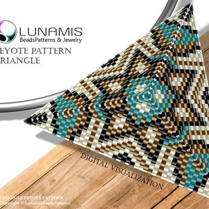 May include: A digitally visualized triangle peyote pattern in shades of teal, black, tan, and white. The design is geometric and intricate, with the text "PEYOTE PATTERN TRIANGLE" and the Lunamis BeadsPatterns & Jewelry logo in the upper left corner.