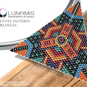 May include: A colourful triangle peyote stitch beading pattern with a digital visualisation. The pattern features a variety of colours including orange, red, black, blue, green, and gold. The text "Lunamis BeadsPatterns & Jewelry" and "Peyote Pattern Triangle" is visible in the image.