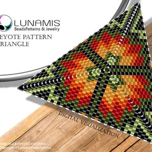 Puede incluir: Una visualización digital de un patrón de abalorios de triángulo de punto de peyote. El patrón presenta un diseño geométrico con cuentas negras, verdes, naranjas, amarillas y rojas.