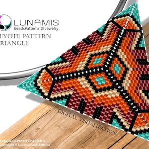 Op de afbeelding: Een digitale visualisatie van een peyote-steek driehoekig kralenpatroon. Het patroon heeft een geometrisch ontwerp met oranje, bruin, zwart, wit en turquoise kralen.