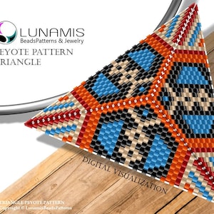 May include: A digital visualization of a peyote stitch triangle beading pattern. The triangle is made with black, white, orange, red, and blue beads. The pattern is called "Triangle Peyote Pattern" and is copyrighted by Lunasus Beads Patterns.