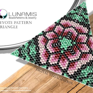 May include: A digital visualisation of a peyote stitch triangle pattern. The pattern is made with black, white, pink, red, and green beads.