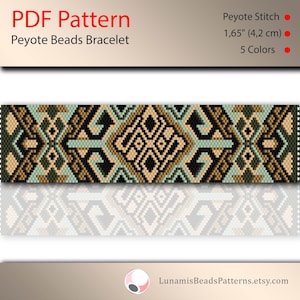 May include: A PDF pattern for a Peyote stitch bracelet. The design features a geometric pattern in shades of black, tan, green, and teal. The bracelet is 1.65 inches (4.2 cm) wide and uses 5 colors. The text "PDF Pattern" is at the top.