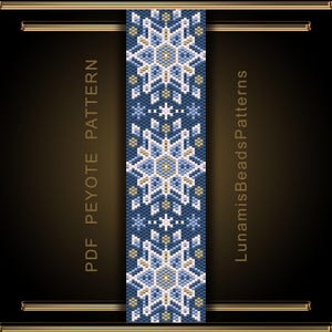 Peut inclure: Un motif Peyote PDF numérique avec un design symétrique. Le motif présente un motif répétitif de formes géométriques blanches, bleu clair et dorées sur un fond bleu foncé. Le texte "PDF PEYOTE PATTERN" et "LunamisBeadsPatterns" sont visibles.