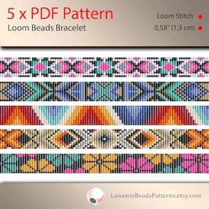 Puede incluir: Cinco patrones PDF para pulseras de cuentas de telar. Los patrones presentan diseños geométricos coloridos, incluido un patrón floral. Los patrones son para punto de telar y tienen 0,58 pulgadas (1,5 cm) de ancho.