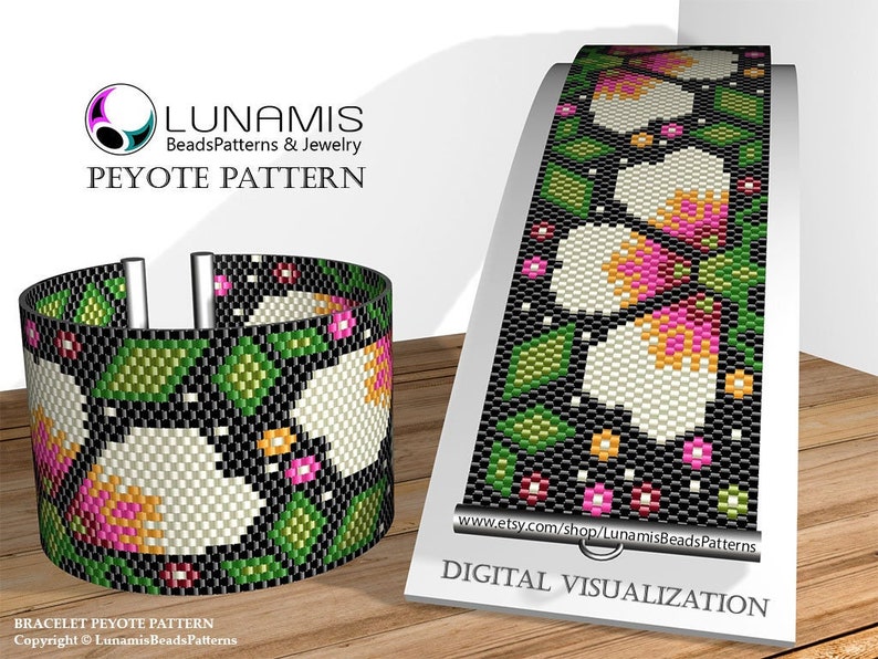 May include: A digital visualization of a beaded bracelet pattern featuring white flowers with pink and orange centers, green leaves, and black background. The pattern is called "Peyote Pattern" and is available on Etsy.