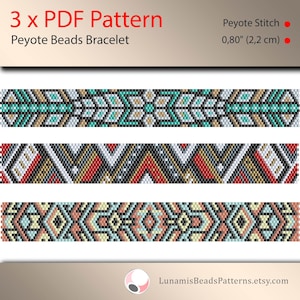 3 x peyote bracelet pattern, peyote pattern, odd, even count, stitch pattern, pdf file, pdf pattern, #017PPN, lunamis