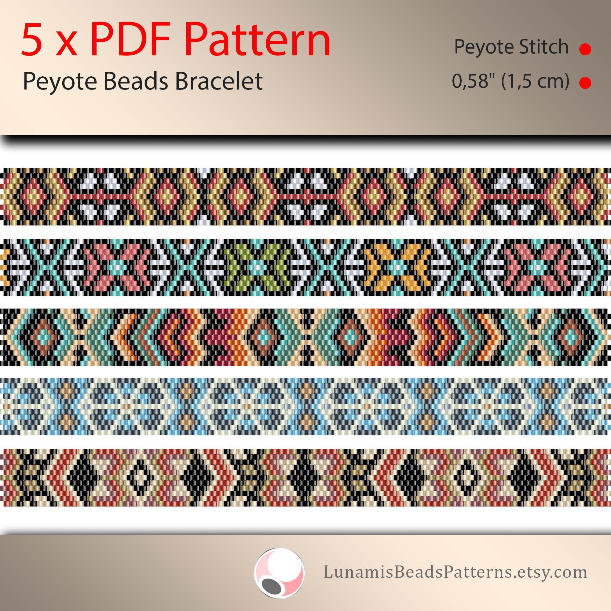 5 X Pattern Peyote for Narrow Bracelet, Odd Count, Beads Stitch