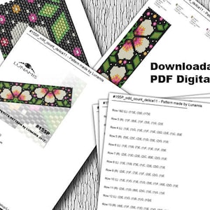 May include: A printable PDF pattern for a beaded bracelet with a floral design. The pattern is called "#155P_odd_count_delica11" and is made by Lunamis. The pattern includes instructions for creating the bracelet using size 11 seed beads.