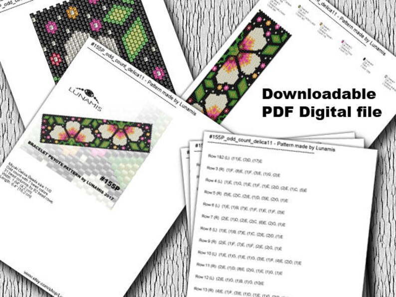 May include: A printable PDF pattern for a beaded bracelet with a floral design. The pattern is called "#155P_odd_count_delica11" and is made by Lunamis. The pattern includes instructions for creating the bracelet using size 11 seed beads.