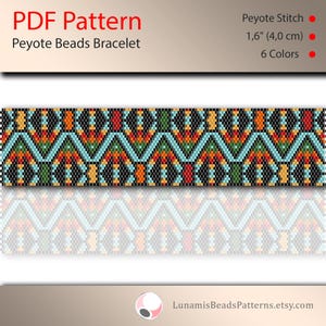 May include: A colorful peyote stitch beading pattern for a bracelet. The pattern is 1.6 inches (4.0 cm) long and uses 6 colors. The pattern is called "Peyote Beads Bracelet".