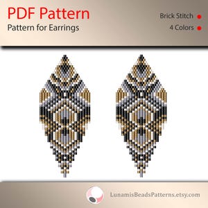 May include: A PDF pattern for beaded earrings in a geometric design. The earrings are made with black, gold, silver, and white beads. The pattern is for brick stitch and uses four colors.