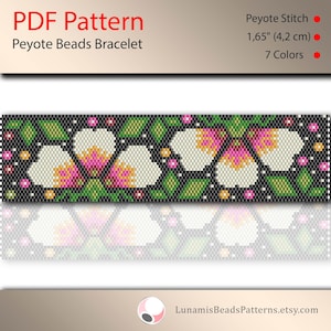 May include: A beaded bracelet pattern featuring white flowers with pink centers and green leaves on a black background. The pattern is 1.65 inches (4.2 cm) wide and uses 7 colors. The pattern is for peyote stitch beading.