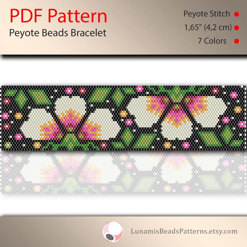 May include: A beaded bracelet pattern featuring white flowers with pink centers and green leaves on a black background. The pattern is 1.65 inches (4.2 cm) wide and uses 7 colors. The pattern is for peyote stitch beading.