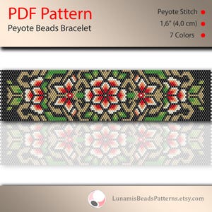 ビーズブレスレットのペヨーテパターン、奇数カウント、ビーズ織り、花のモチーフ、バラ、ペヨーテステッチ、PDF ファイルの即時ダウンロード、#444P